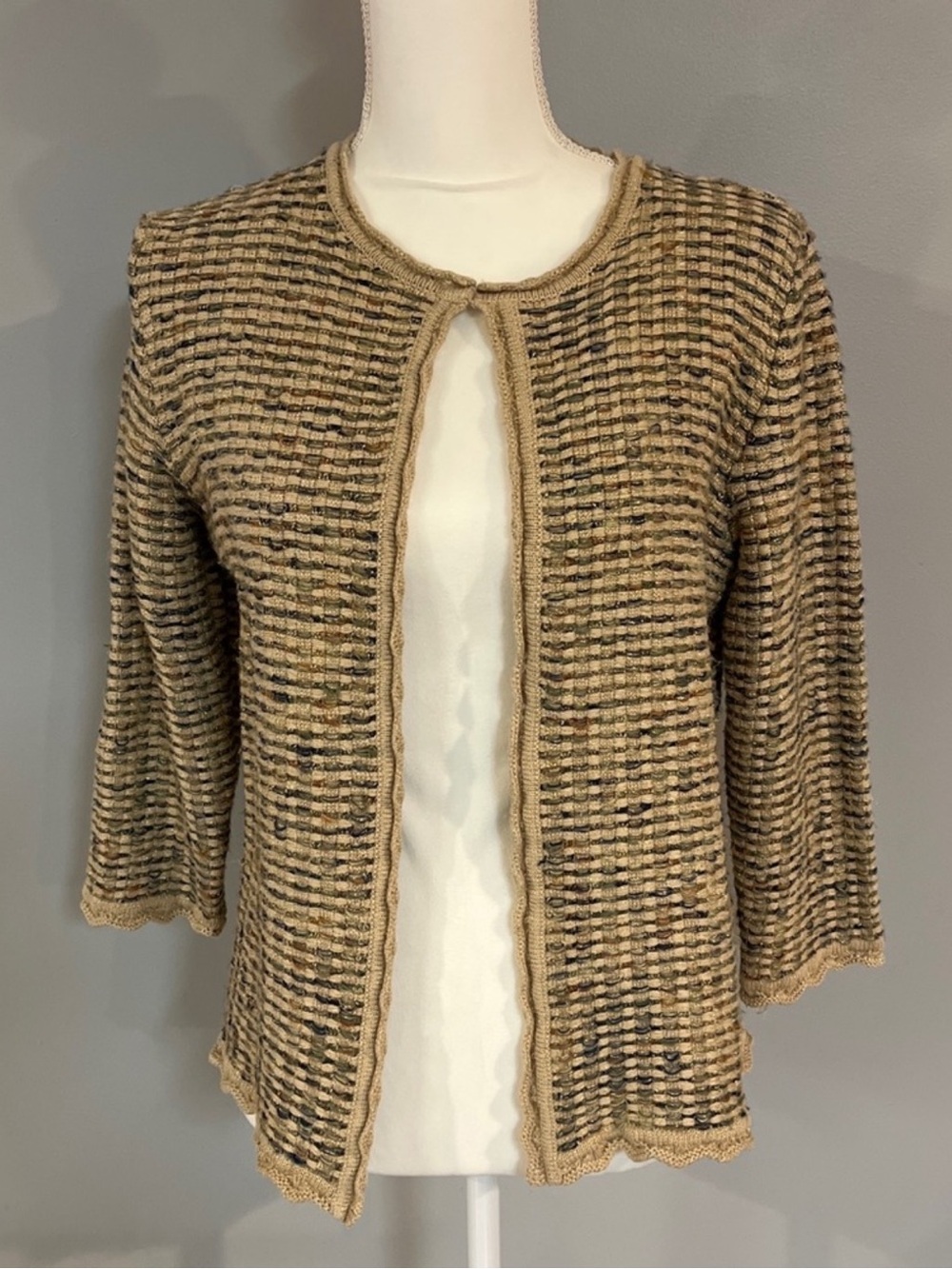 Women’s Open-Front Knit Cardigan Sweater in Beige Stripe